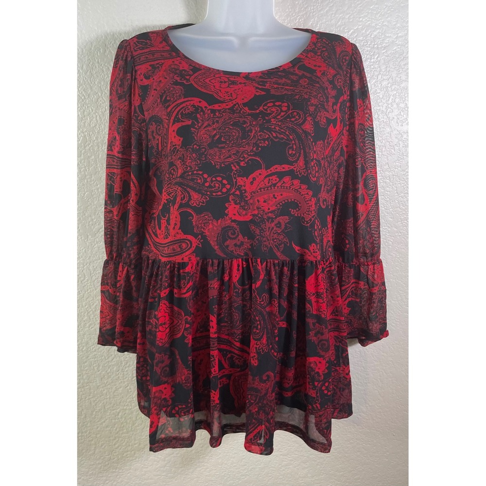 Est. 1946 Womens M Blouse Red Black Paisley Mesh Bell Sleeve Babydoll Top Boho